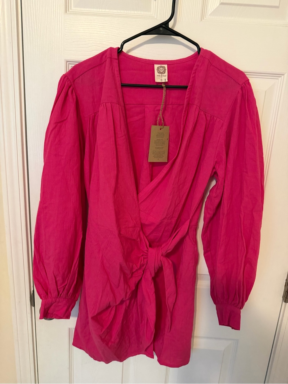 Elf Hand Made 100% Linen wrap dress in Hot Pink NWT